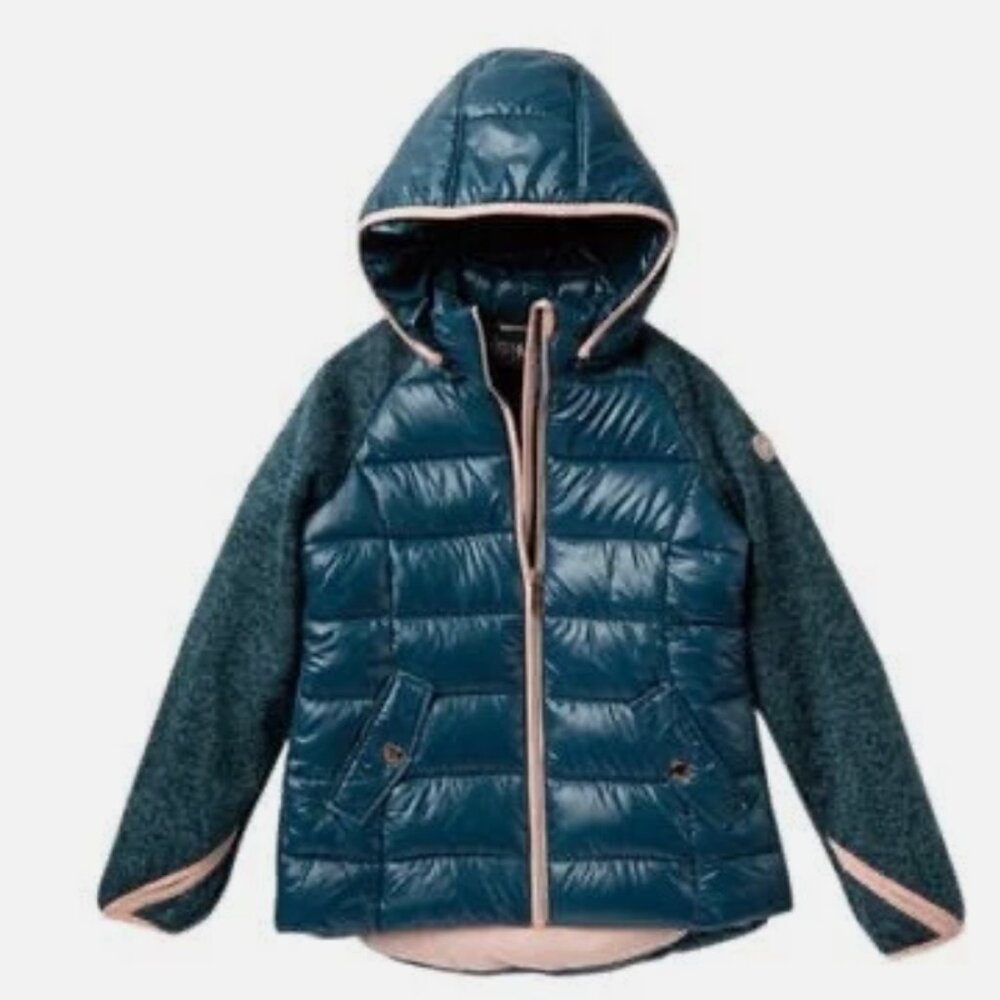 MICHAEL KORS Girls Quilted Puffer Jacket Teal Thumbhole SZ-14 Hooded